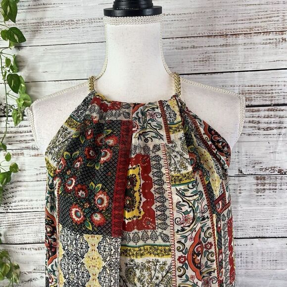 Tahari Dress size Small Orange Blue Gold Floral Paisley Boho Sheer Trapeze Boho - Picture 8 of 16